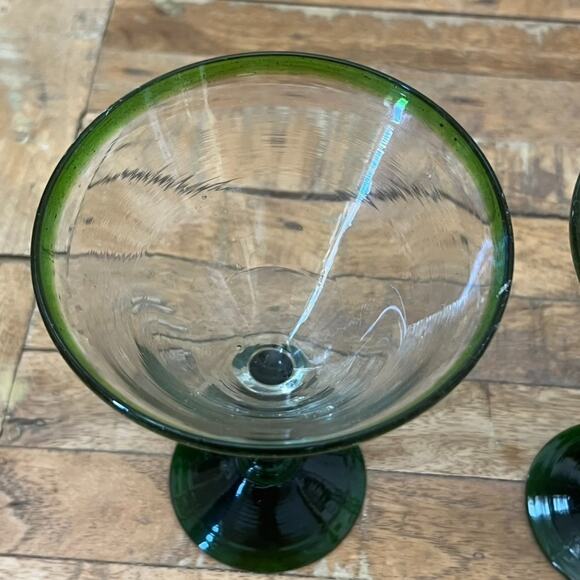 Mexican Hand Blown Martini Glasses Green Rim 7.25" Tall Set of 3 - Picture 5 of 11